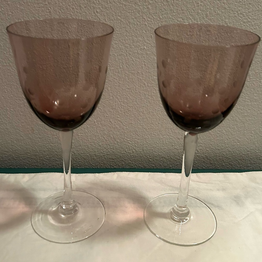 2 Amethyst wine glasses. 7.5” with etched polka dots.